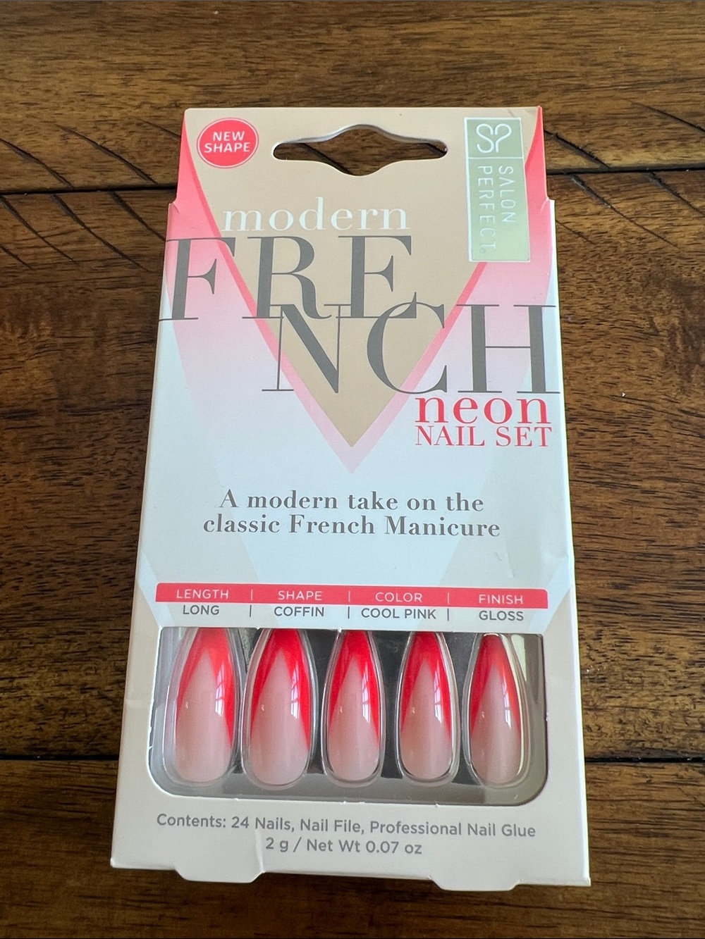 Salon Perfect Modern French Neon Press-On Nails - Cool Pink Coffin